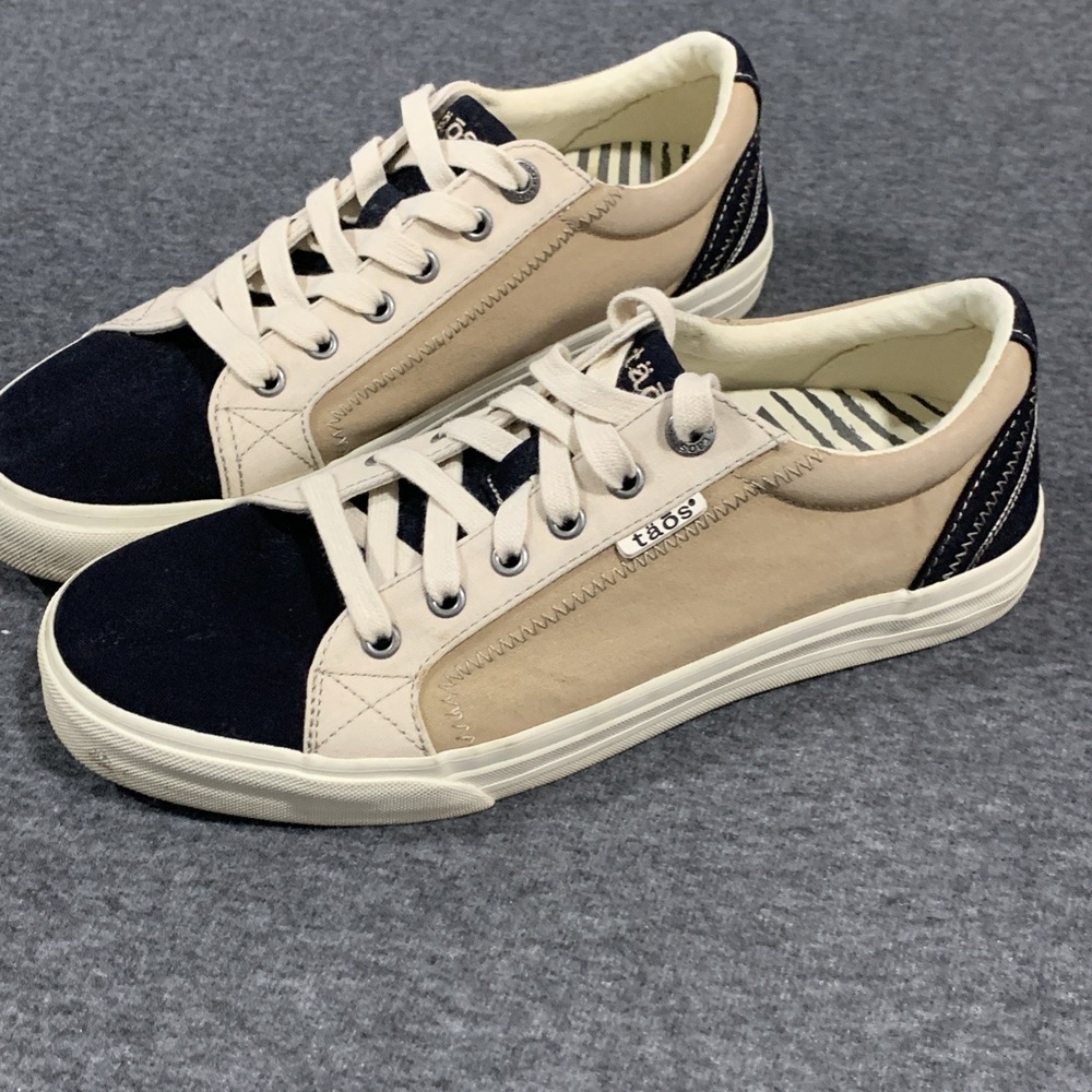 Taos Plim Soul Women's 9.5 Canvas Sneakers Tan Cream Black Low Top Shoes - Picture 5 of 8